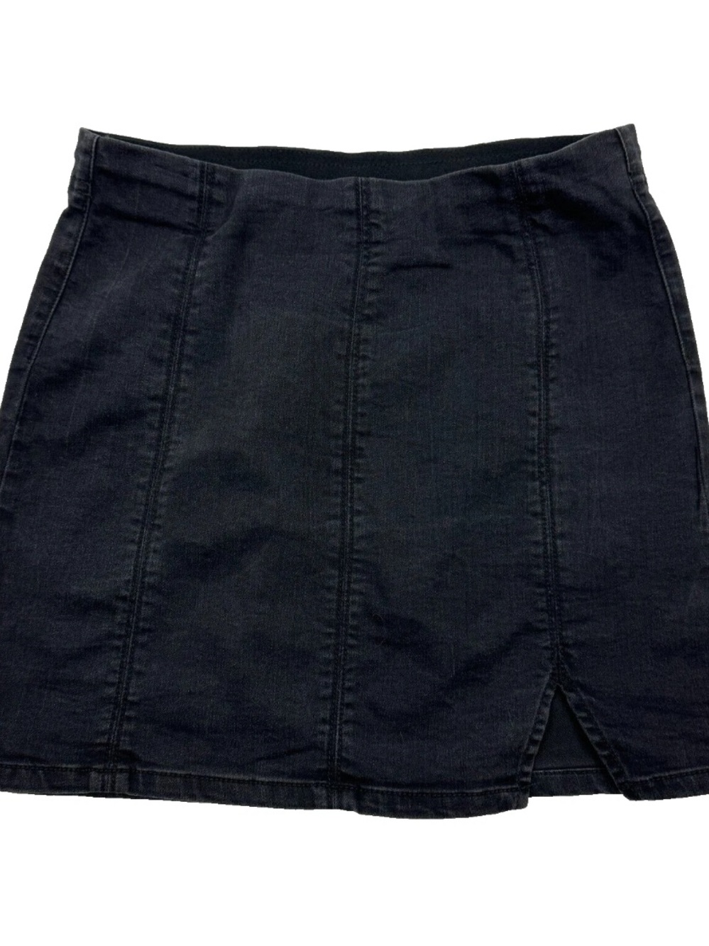 Free People Black Denim Mini Skirt with Front Notch Elastic Waist Size L